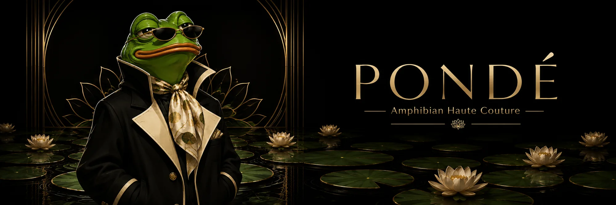 PONDÉ standing among gilded water lilies
