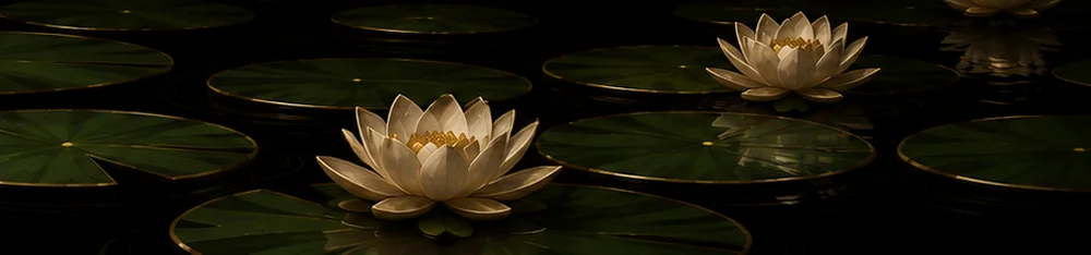 Gilded lotus flowers resting on dark pond water